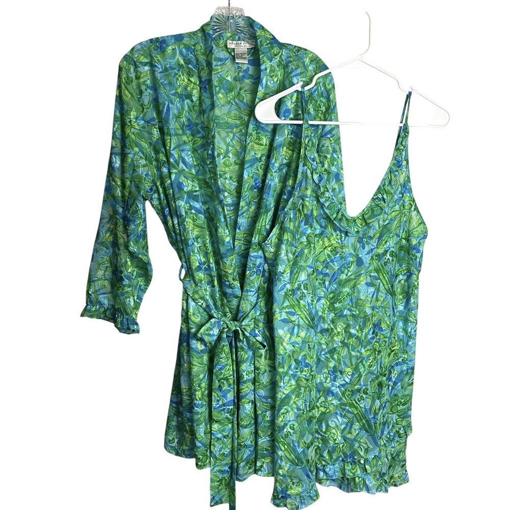 Morgan Taylor Intimates Womens Chemise & Robe‎ M Green Blue Floral Belted Ruffle